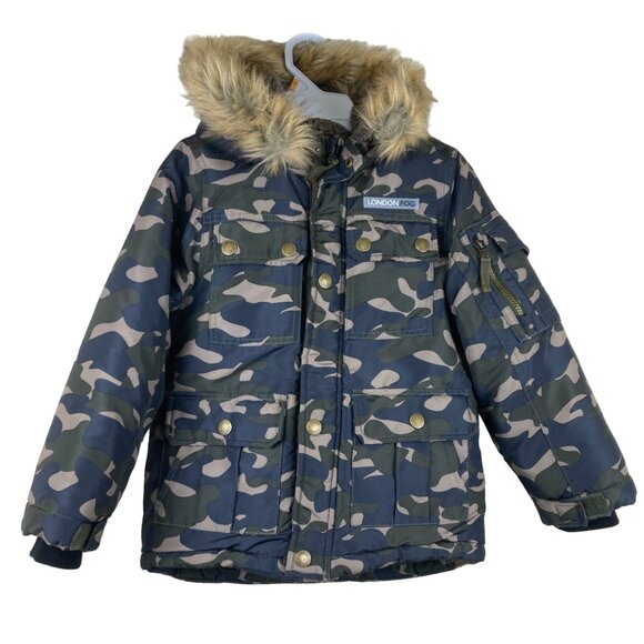 London Fog Boys sz 5 / 6 Camo Hooded Removable Faux Fur Winter Jacket - Picture 1 of 11